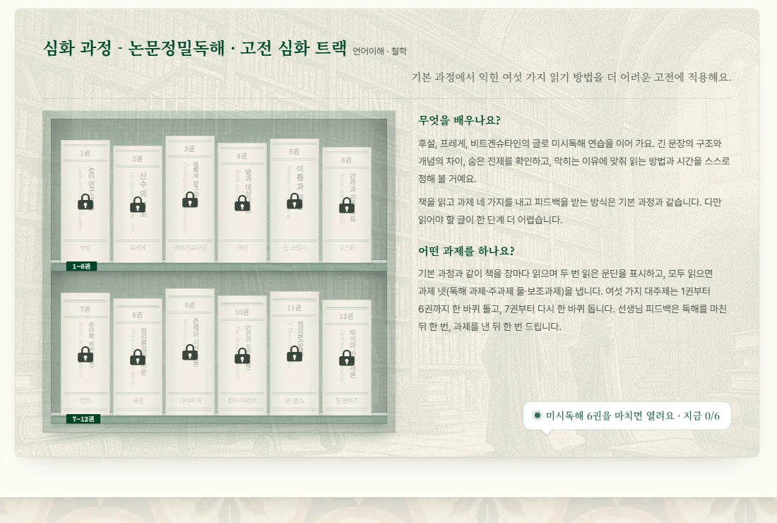 논문정밀독해의 고전 심화 책장 카드: 열두 권이 꽂힌 책장